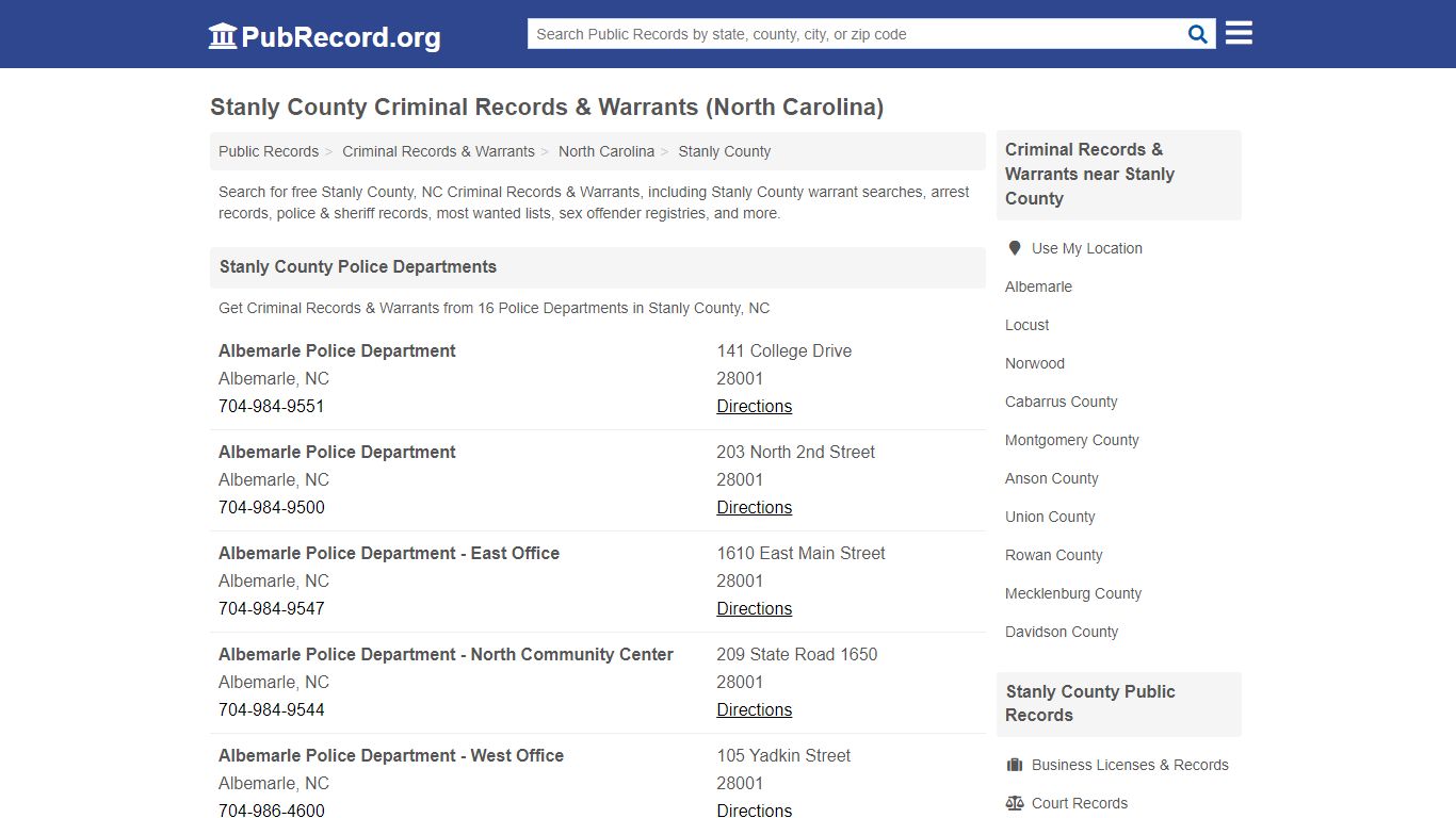 Stanly County Criminal Records & Warrants (North Carolina)